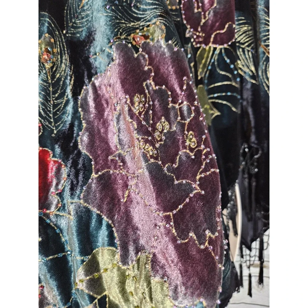 Coldwater Creek Velvet Beaded Fringe Poncho OS Peacock Feather Print Tassels
